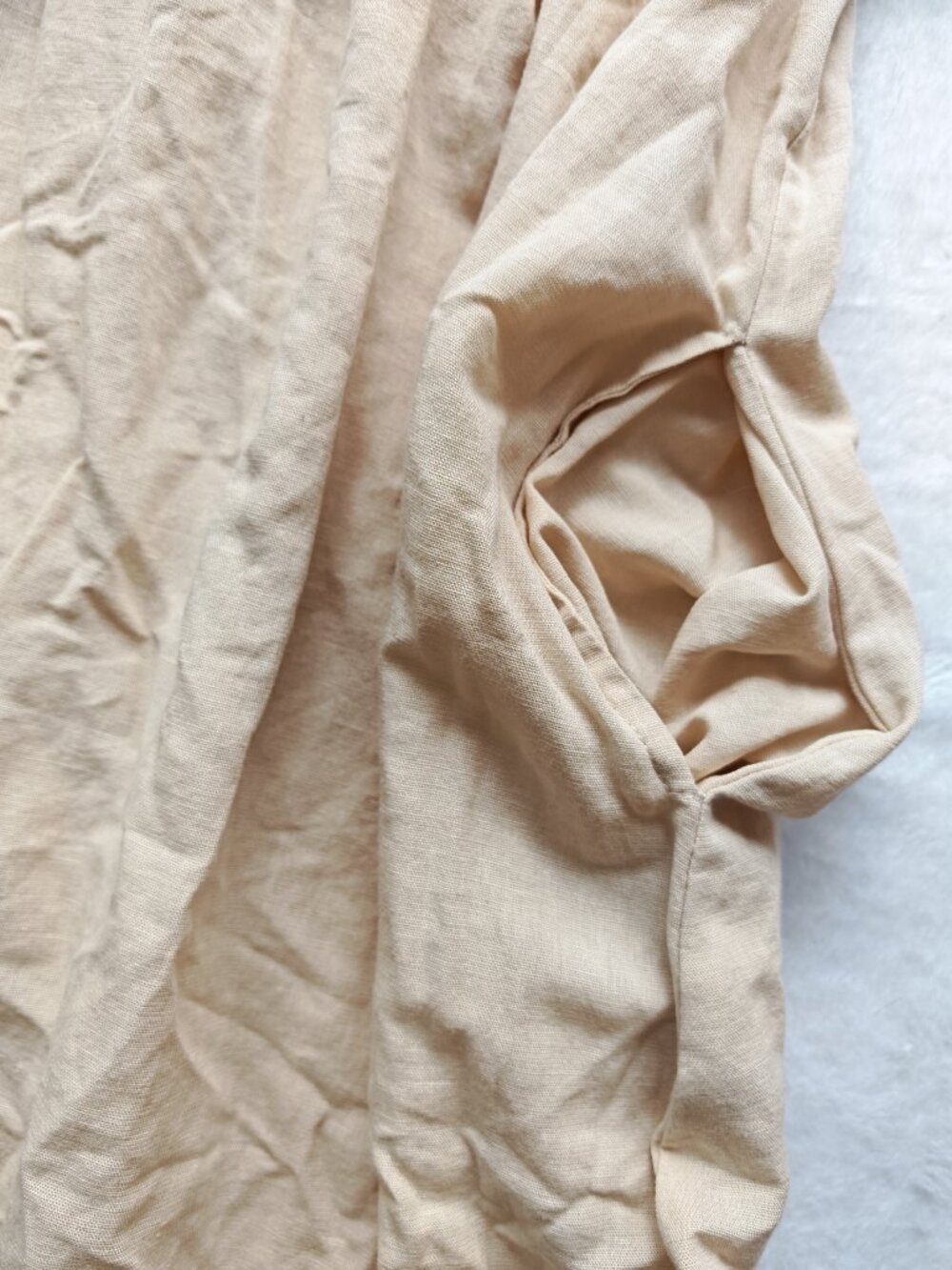 ZARA Beige Cotton Linen Midi Dress Size L Smocked Bodice Pockets Coastal Boho - Picture 8 of 13